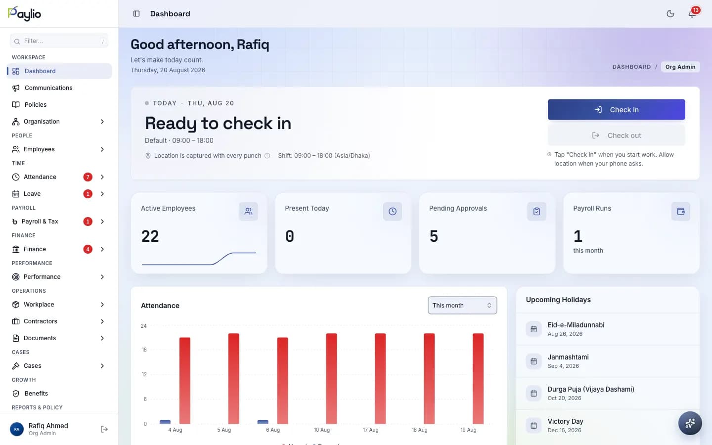 The Paylio org-admin dashboard: KPI cards, an attendance chart, and upcoming Bangladesh holidays.